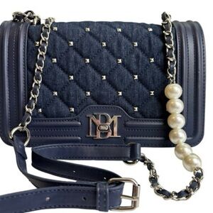 Badgley Mischka Denim Diamond Quilted Crossbody With White Pearls